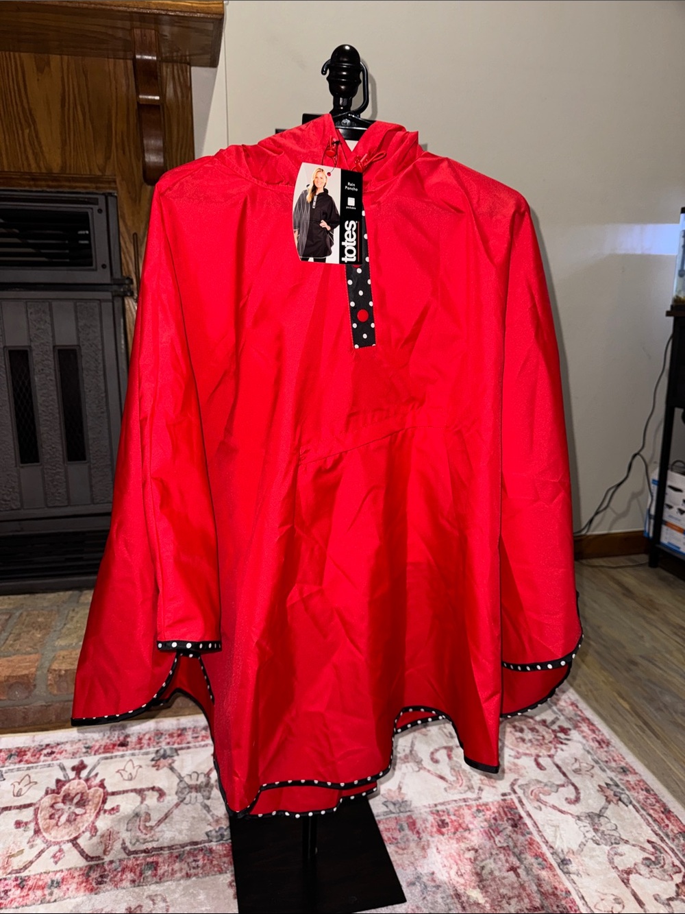 totes Bright Red Hooded Rain Poncho with Polka Dot Trim